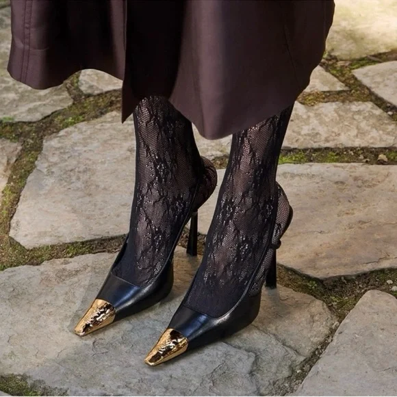 Saint Laurent Black Leather Jeanne Slingback Pumps 110 Black Gold - Picture 4 of 7